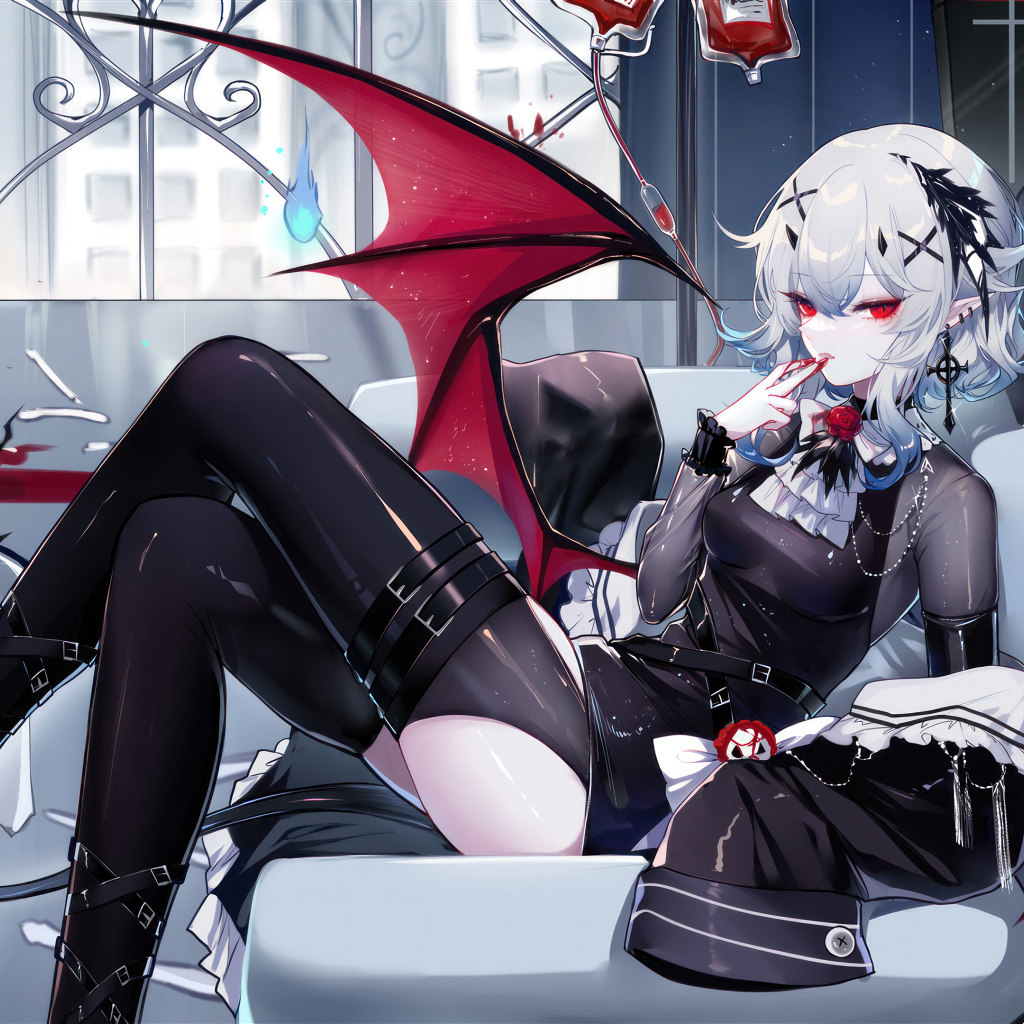 Девушка аниме демон с черным котом