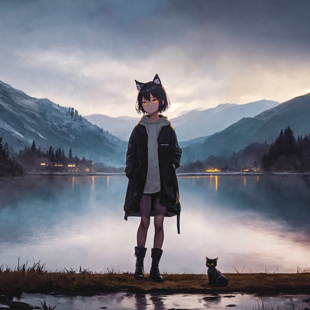 Девочка аниме у воды с котенком