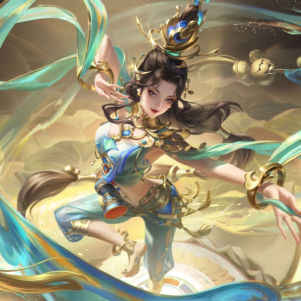 Девушка аниме танцует с голубыми лентами