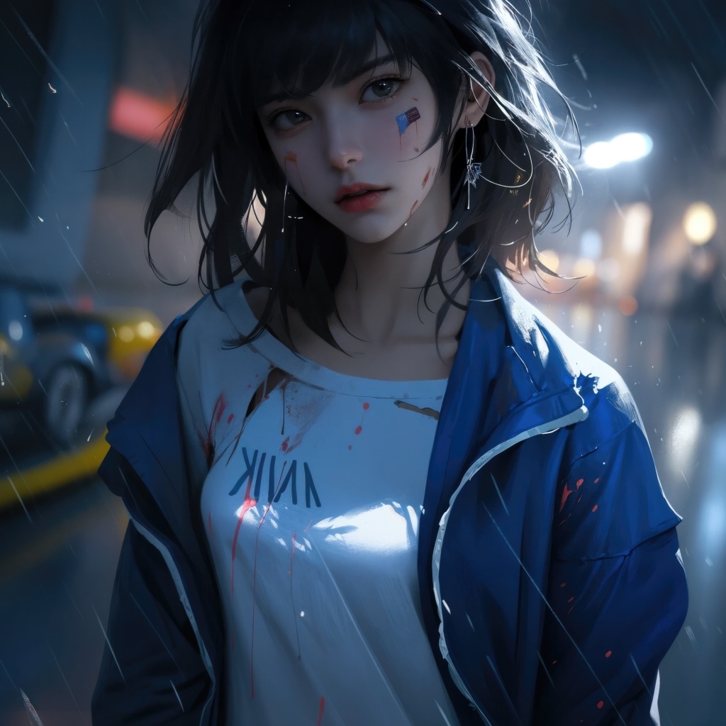 Девушка аниме в синей куртке