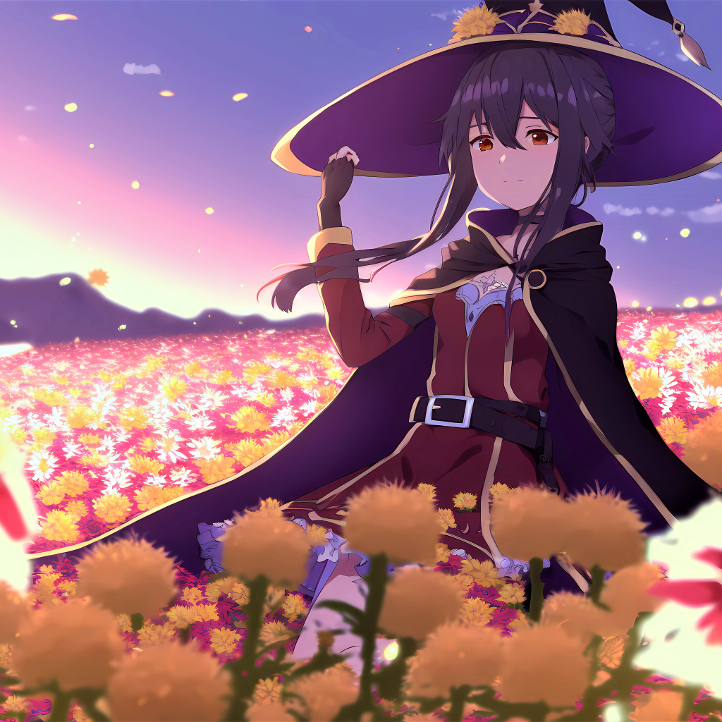 Девушка аниме в костюме на поле с цветами