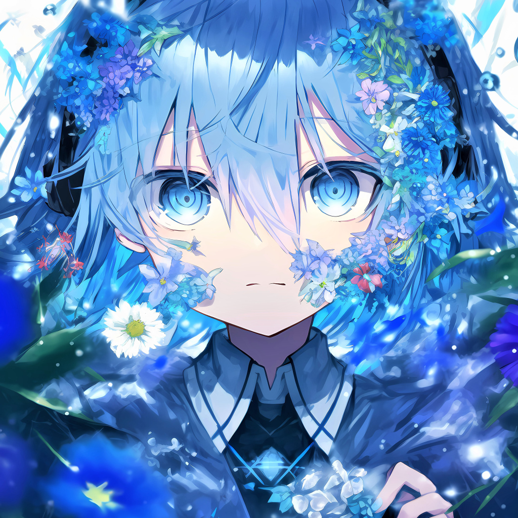 Девушка аниме в синих фантастических цветах