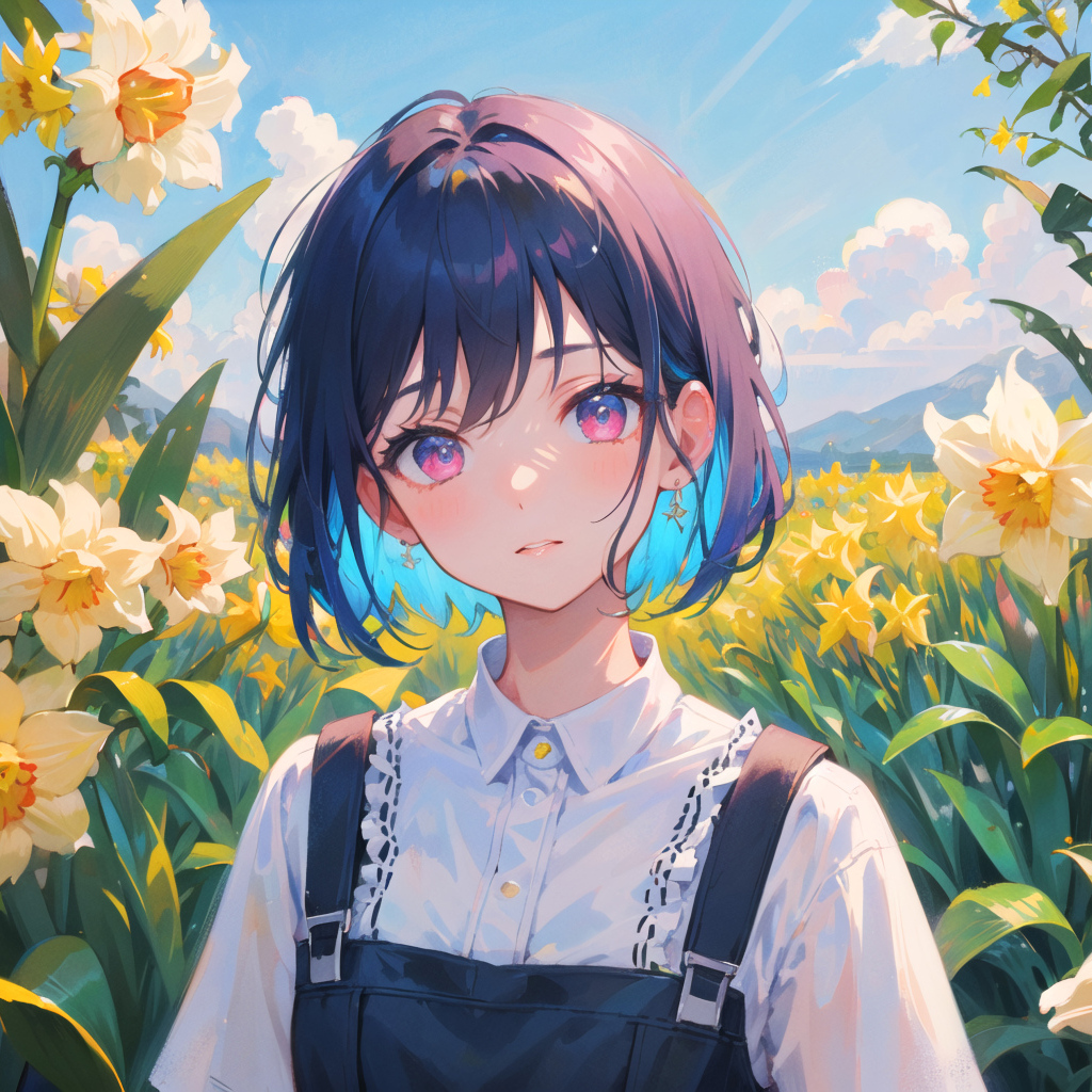 Девушка аниме на поле с нарциссами