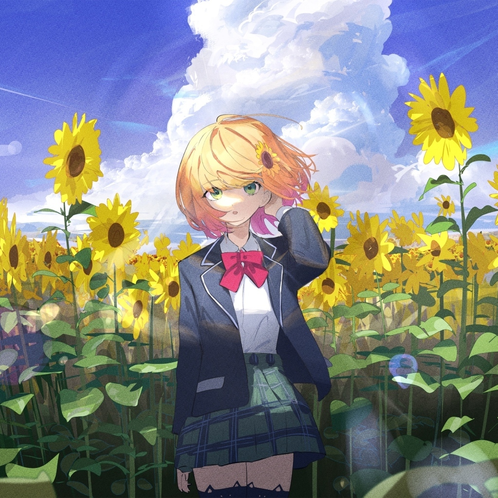 Девушка аниме на поле с подсолнухами