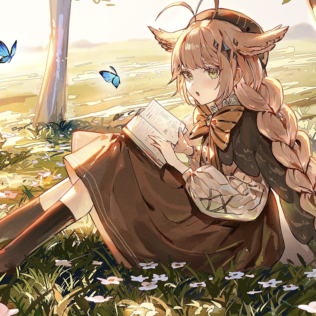 Девушка аниме читает книгу под деревом