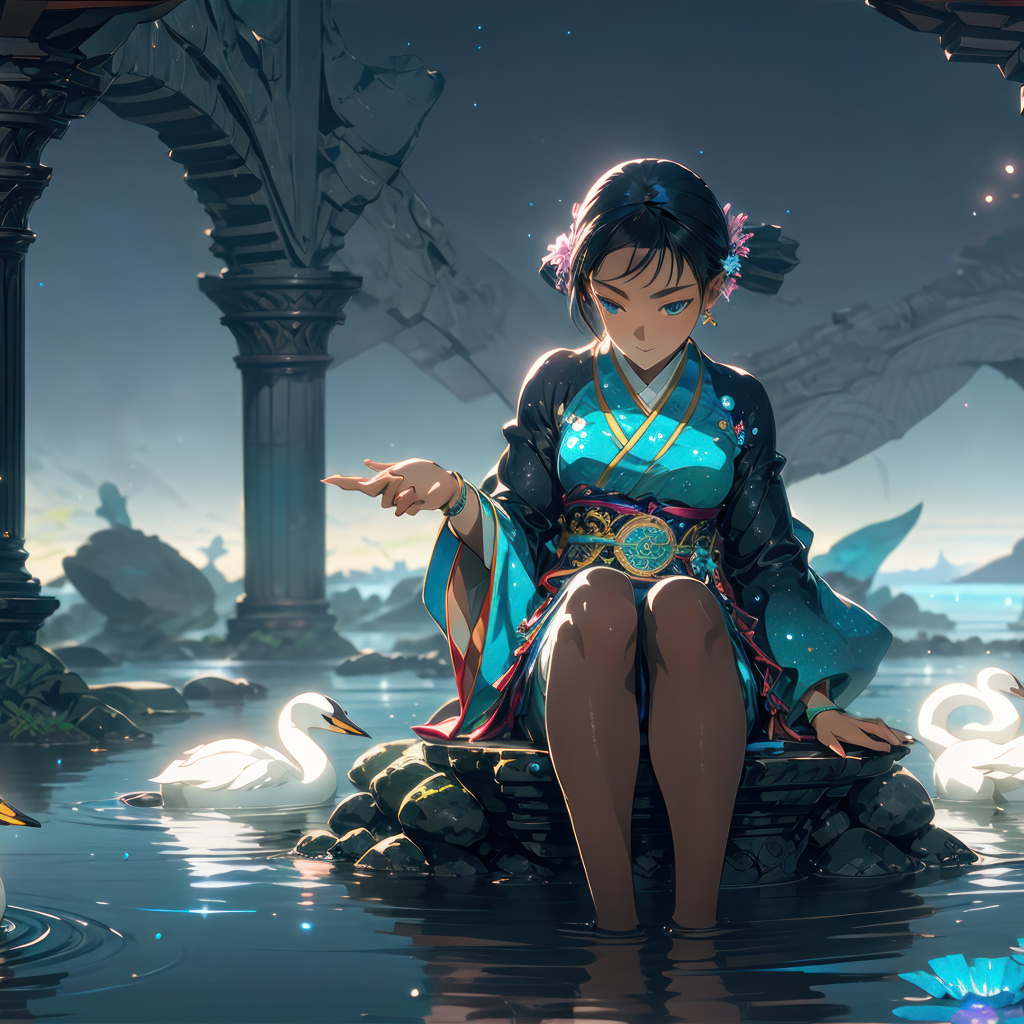 Девушка аниме сидит в пруду с лебедями