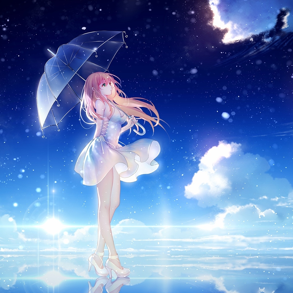 Anime girl under an umbrella in the water