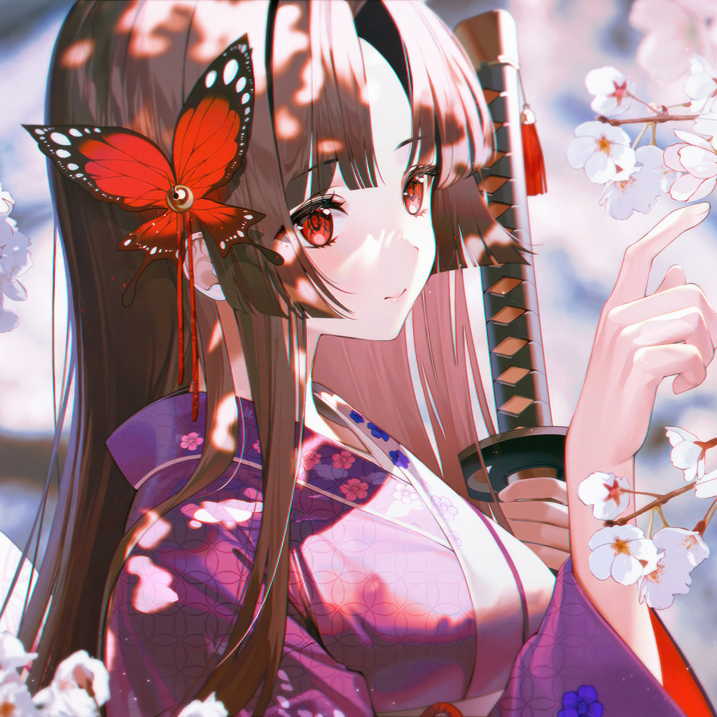 Девушка аниме с бабочкой в волосах