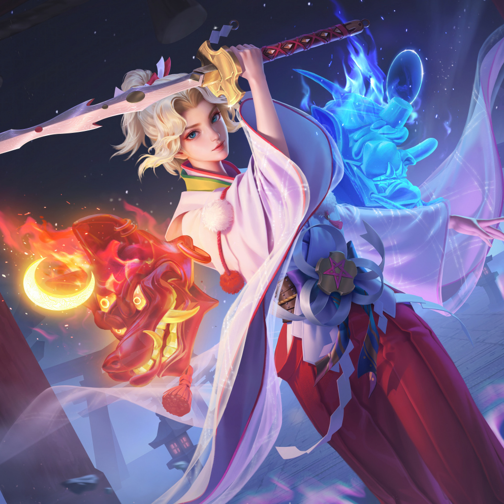 Девушка аниме с мечом в руках убивает дракона