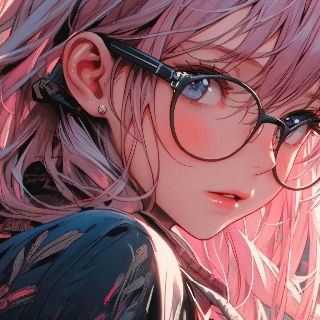 Девушка аниме с розовыми волосами в очках