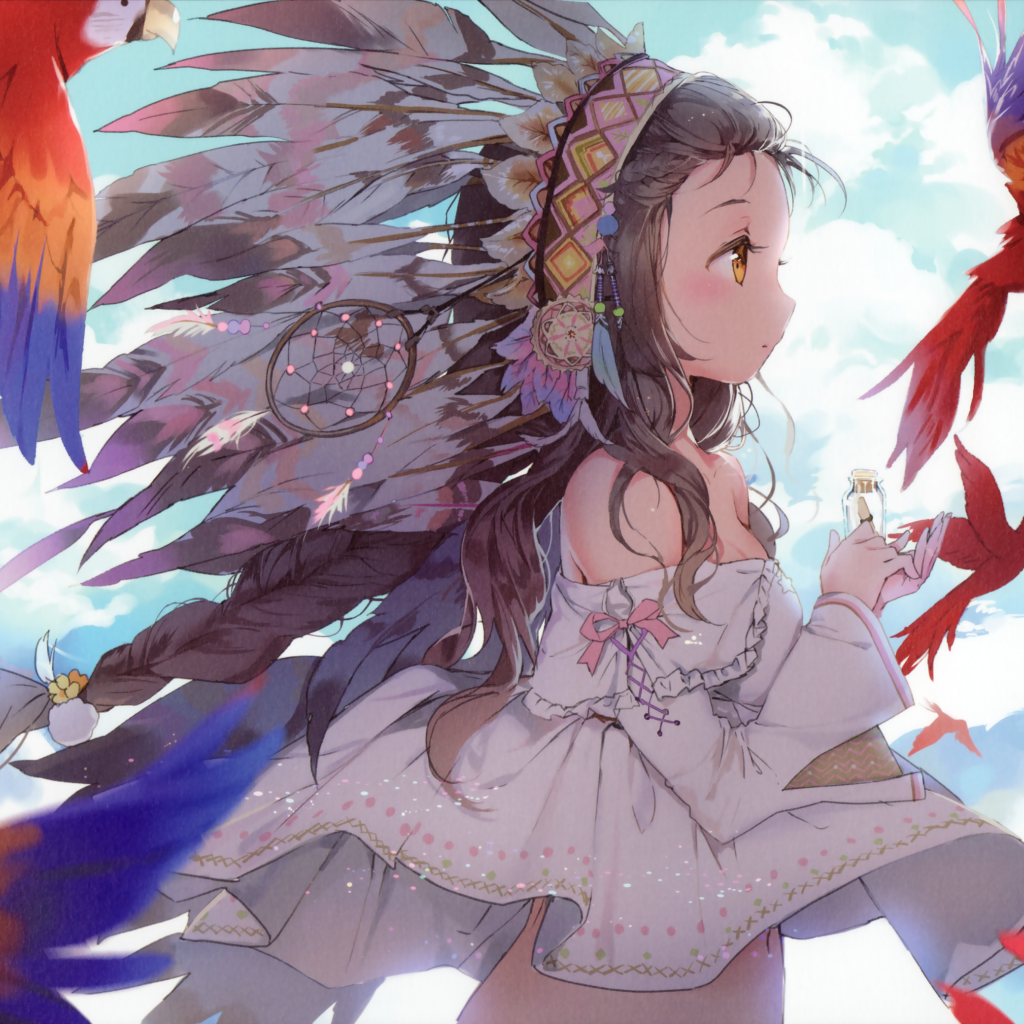 Девушка аниме с красными попугаями