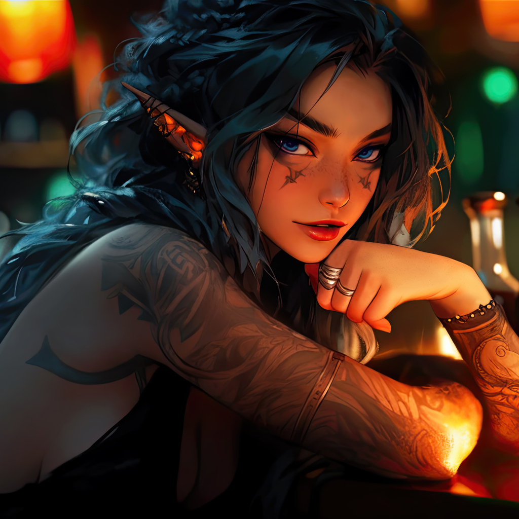 Девушка аниме с татуировками сидит в баре