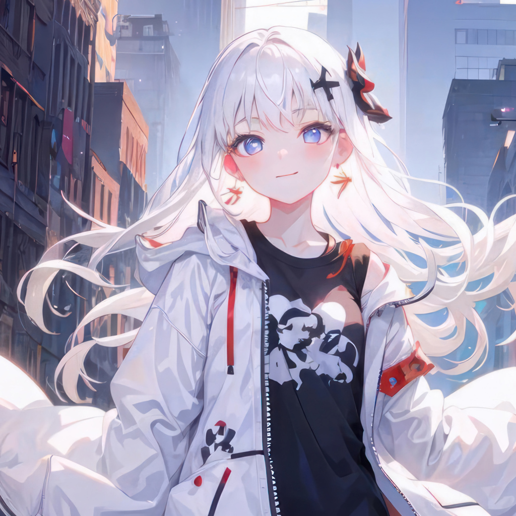 Девушка аниме с белыми волосами в городе