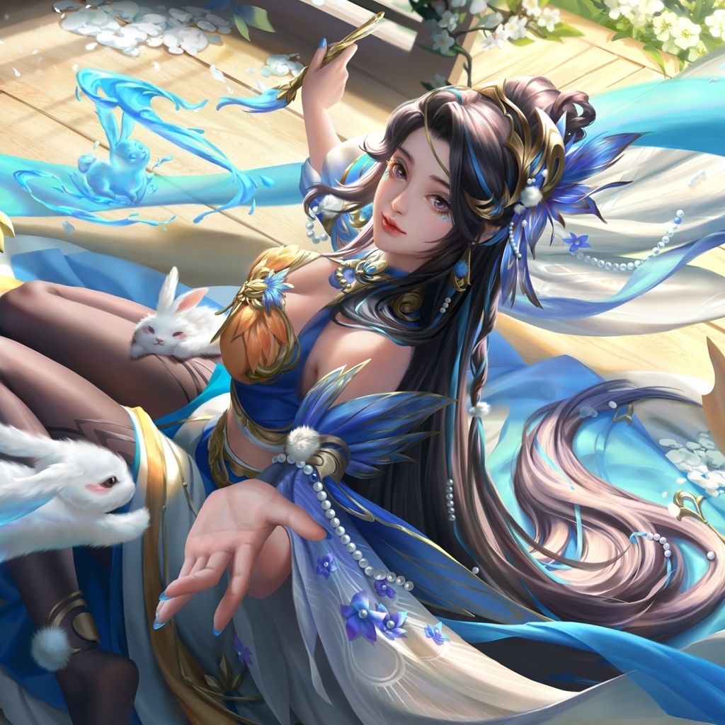 Девушка аниме с белыми кроликами