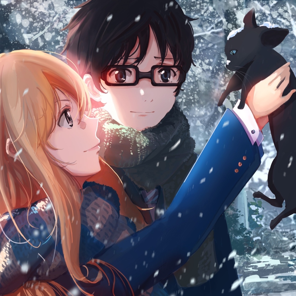 Парень и девушка аниме с котенком в руках