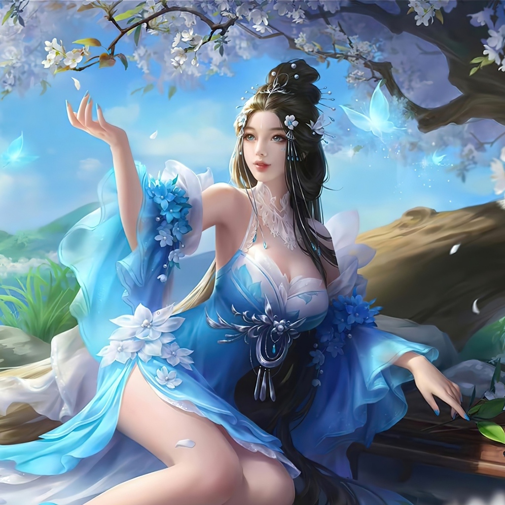 Красивая девушка аниме в платье под волшебным деревом