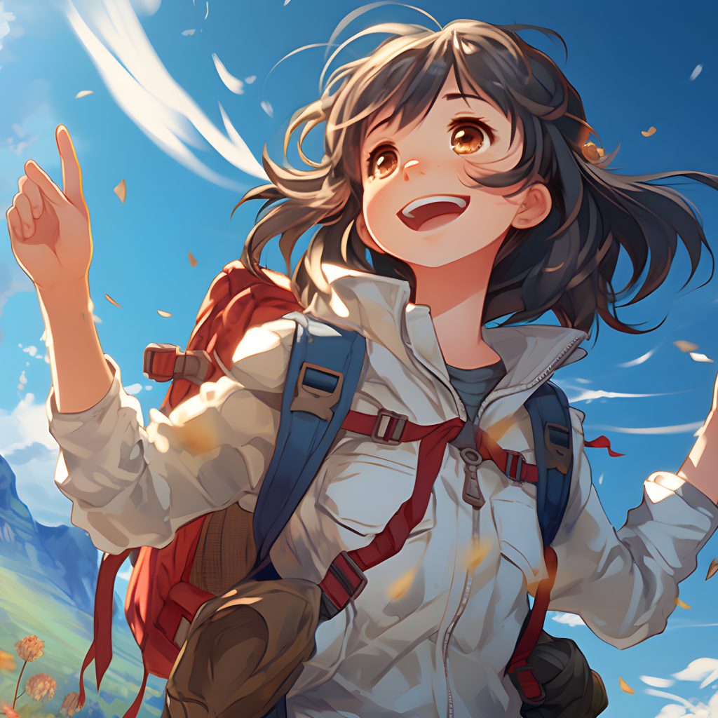 Веселая девушка аниме с рюкзаком за спиной