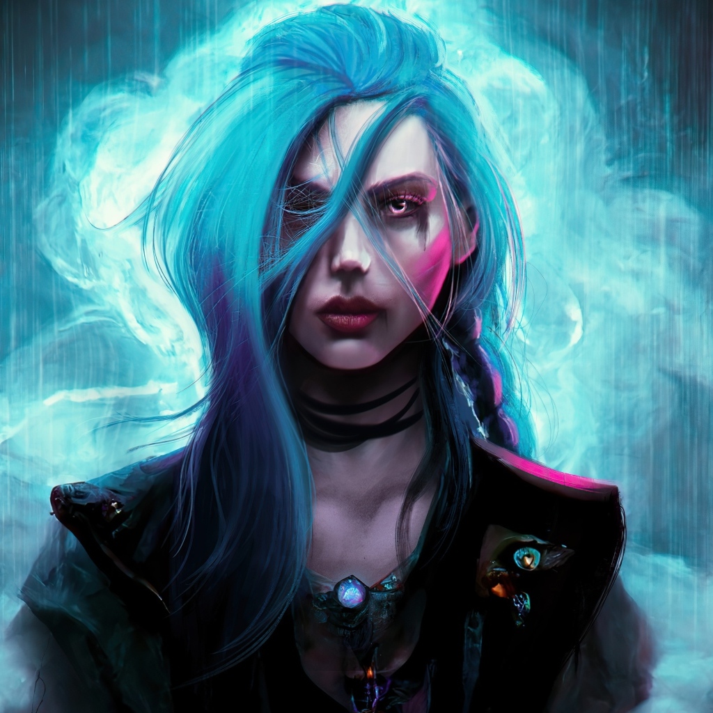 Девушка с голубыми волосами в дыму