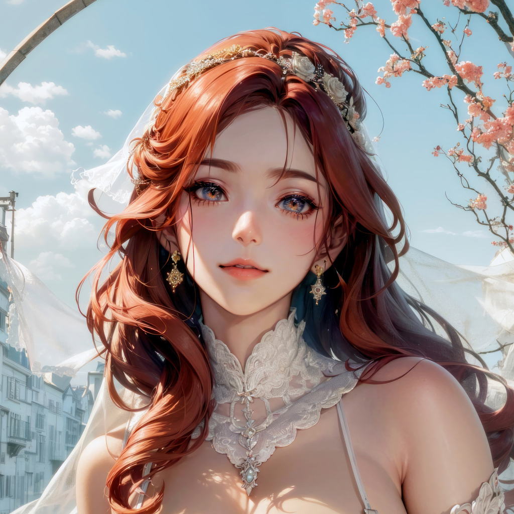 Рыжеволосая девушка аниме в свадебном платье
