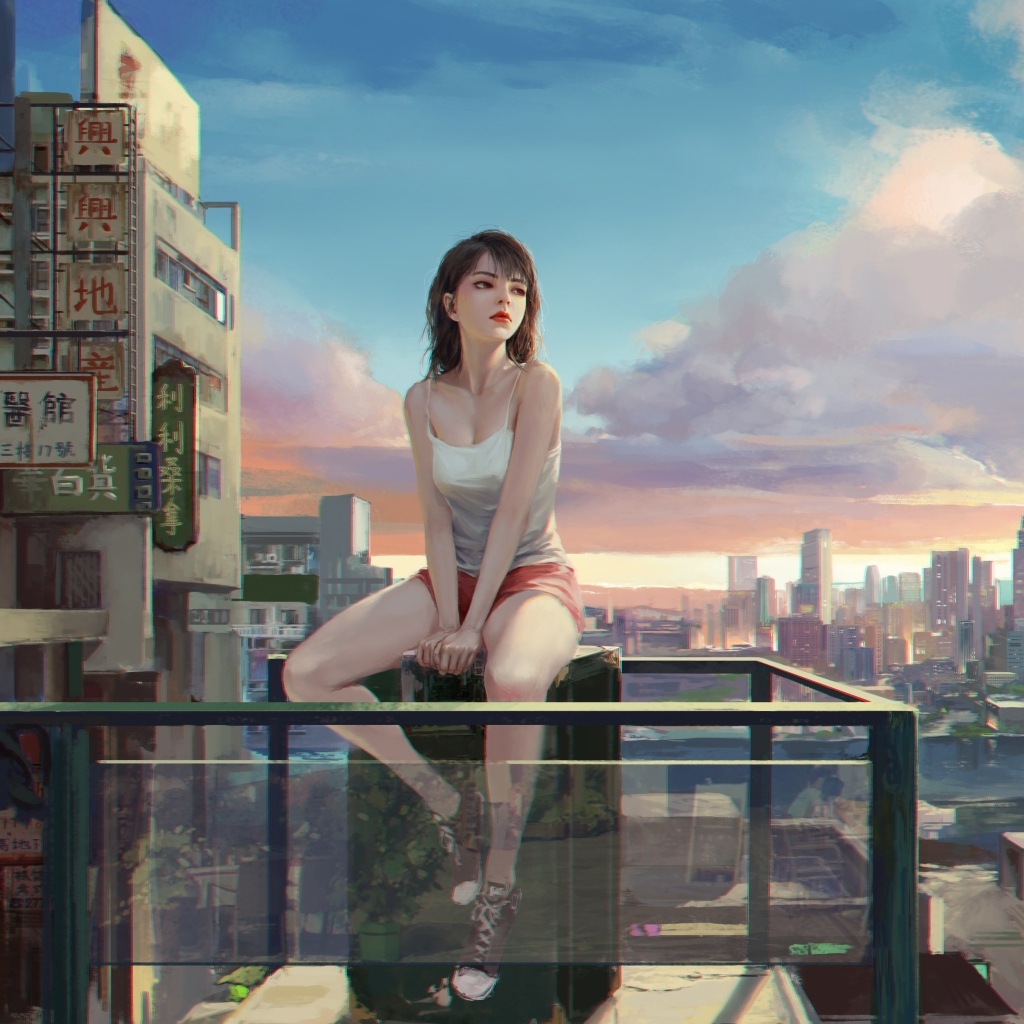 Грустная девушка аниме сидит на балконе