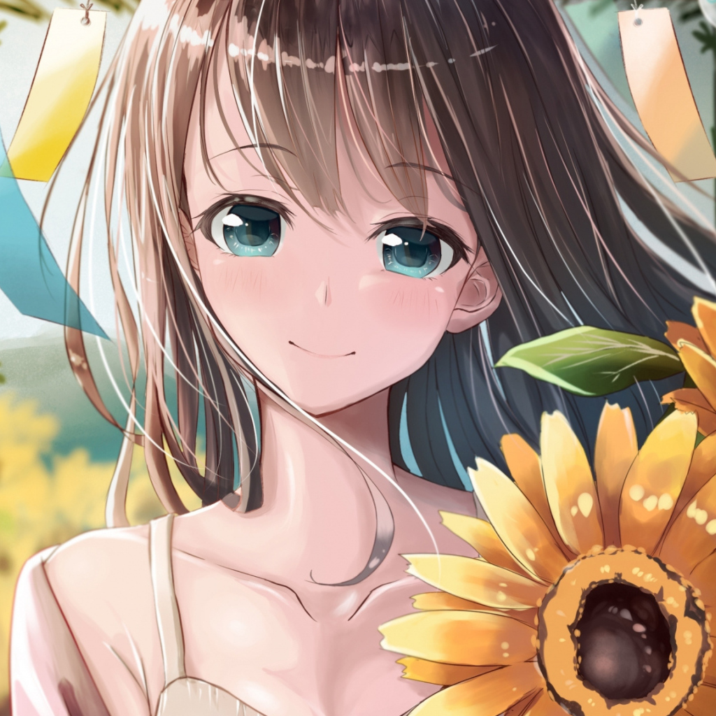 Улыбающаяся девушка аниме с цветами подсолнуха