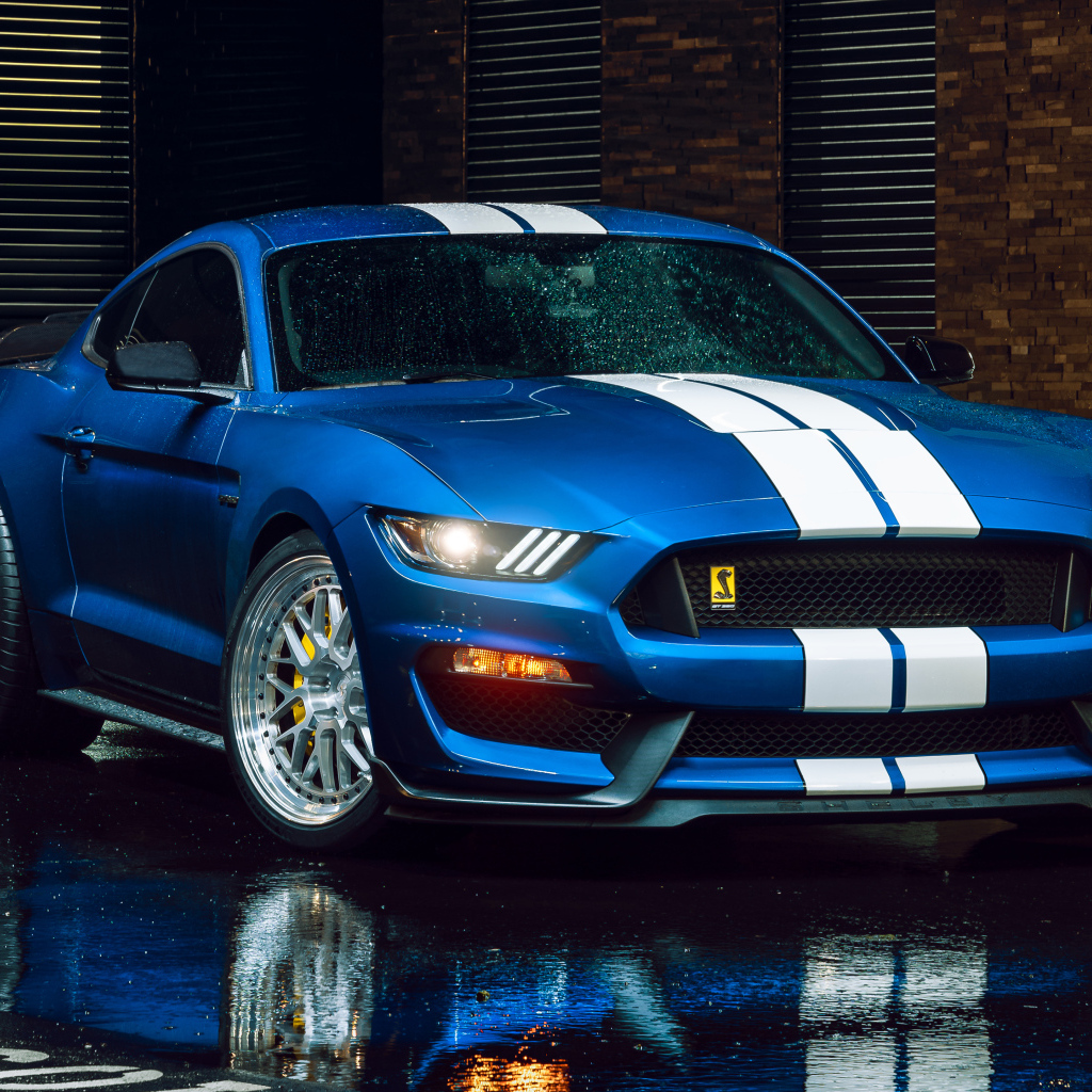 Спорткар Shelby GT350 на мокром асфальте