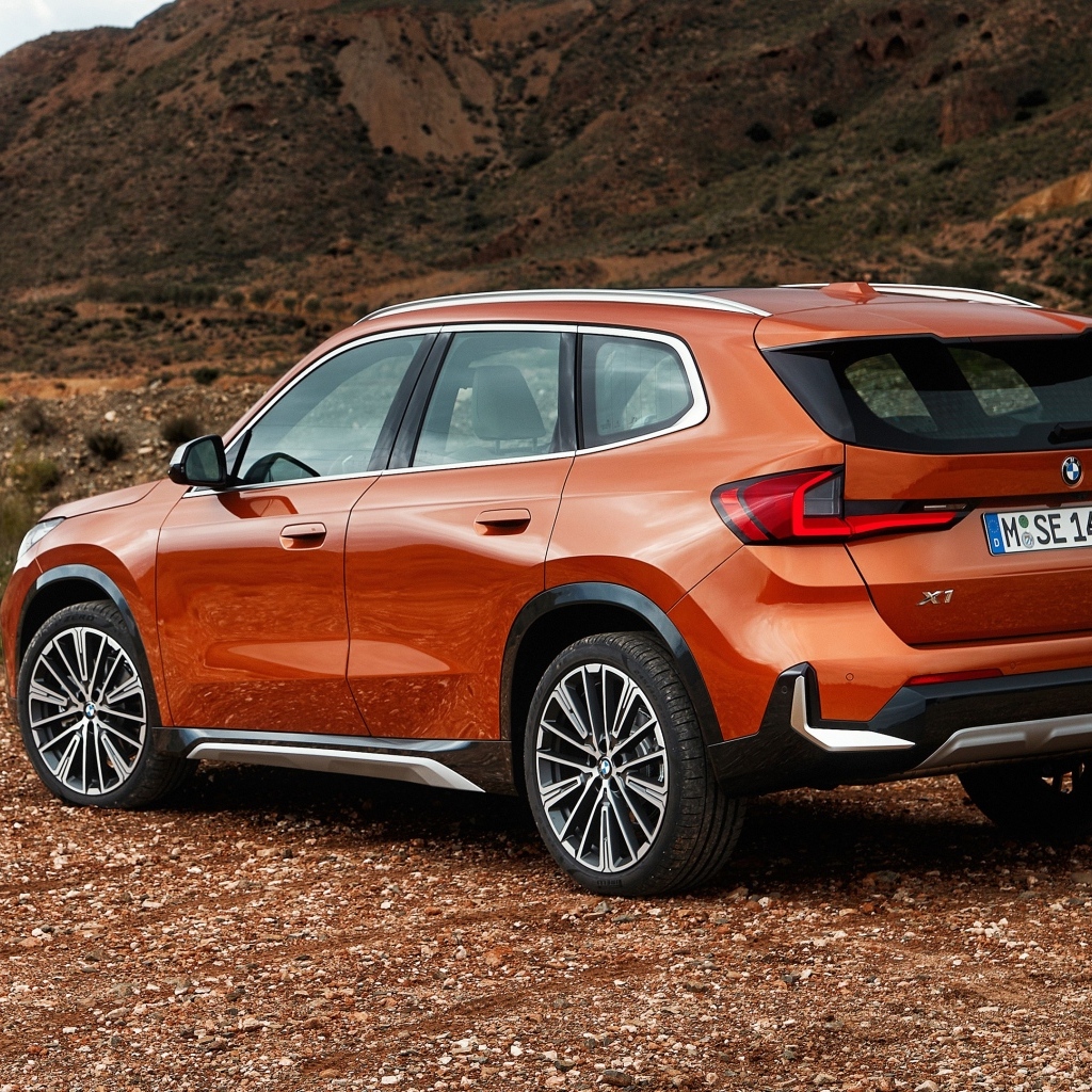 Красный автомобиль BMW X1  вид сзади