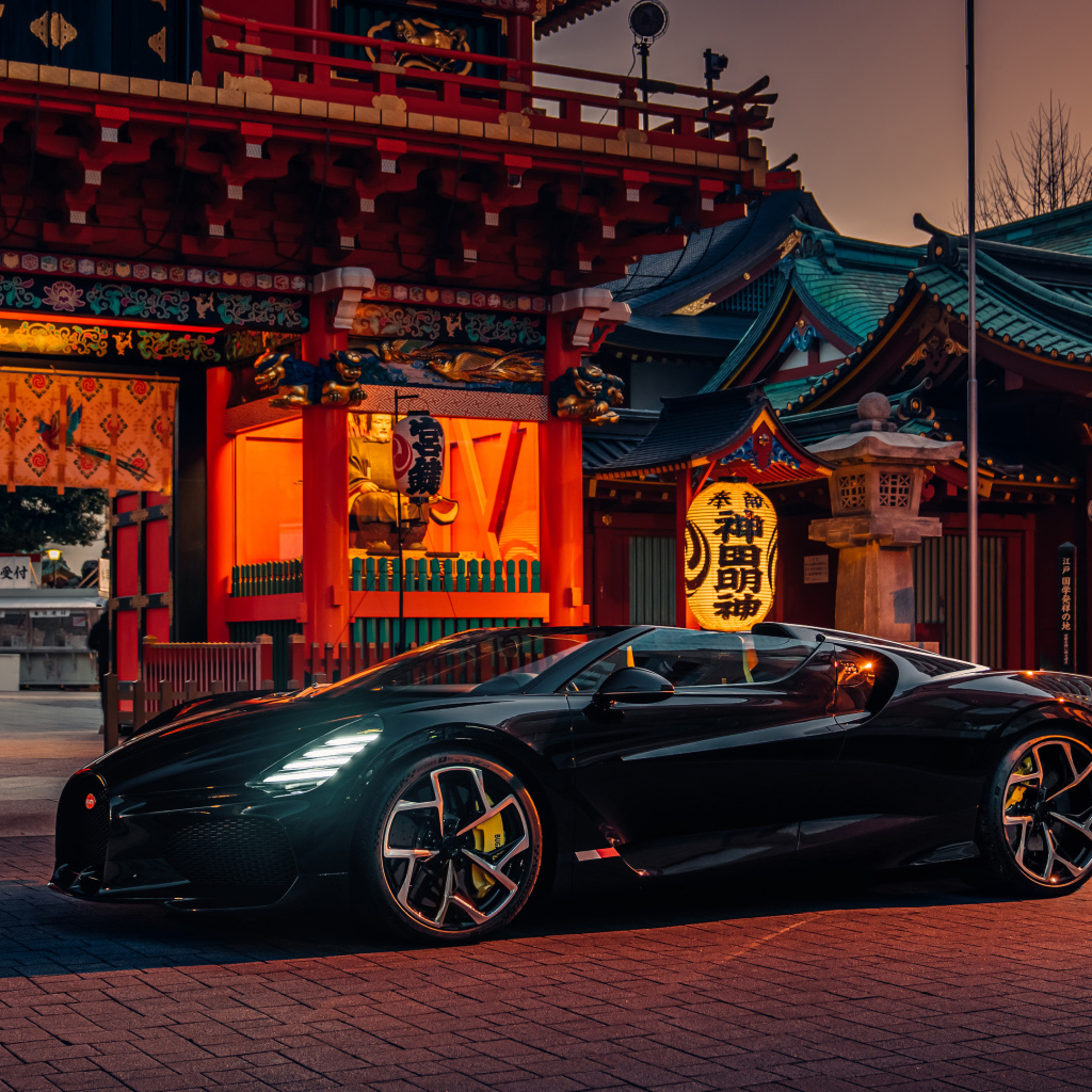 Черный спортивный автомобиль Bugatti W16 Mistral  у здания