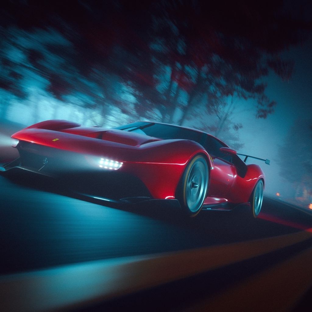 Красный автомобиль Ferrari P80C ночью на трассе