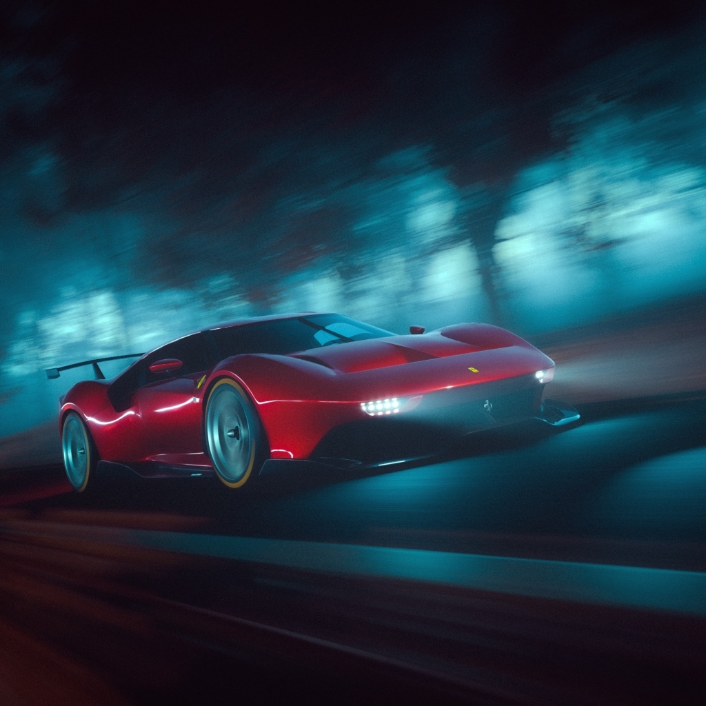 Красный автомобиль Ferrari P80C на трассе