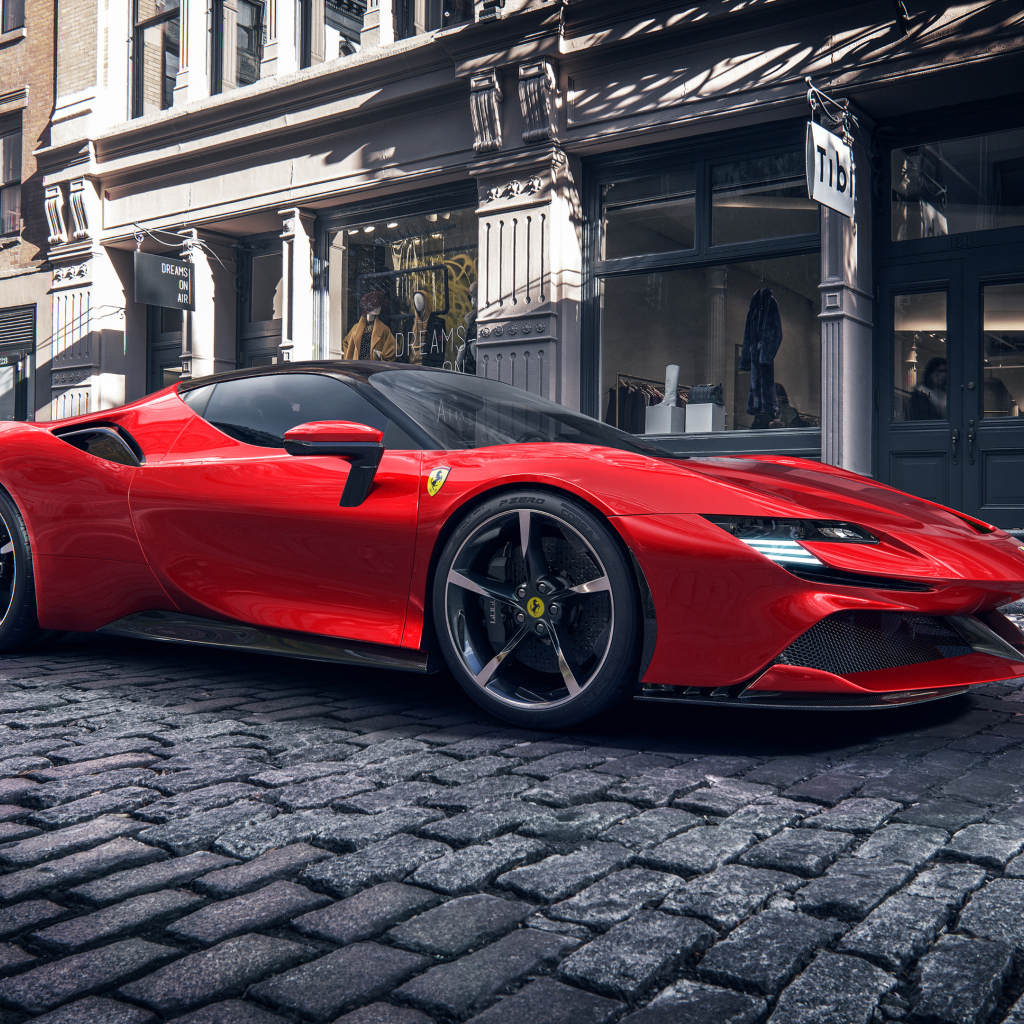 Красный автомобиль Ferrari SF90 Stradale в городе