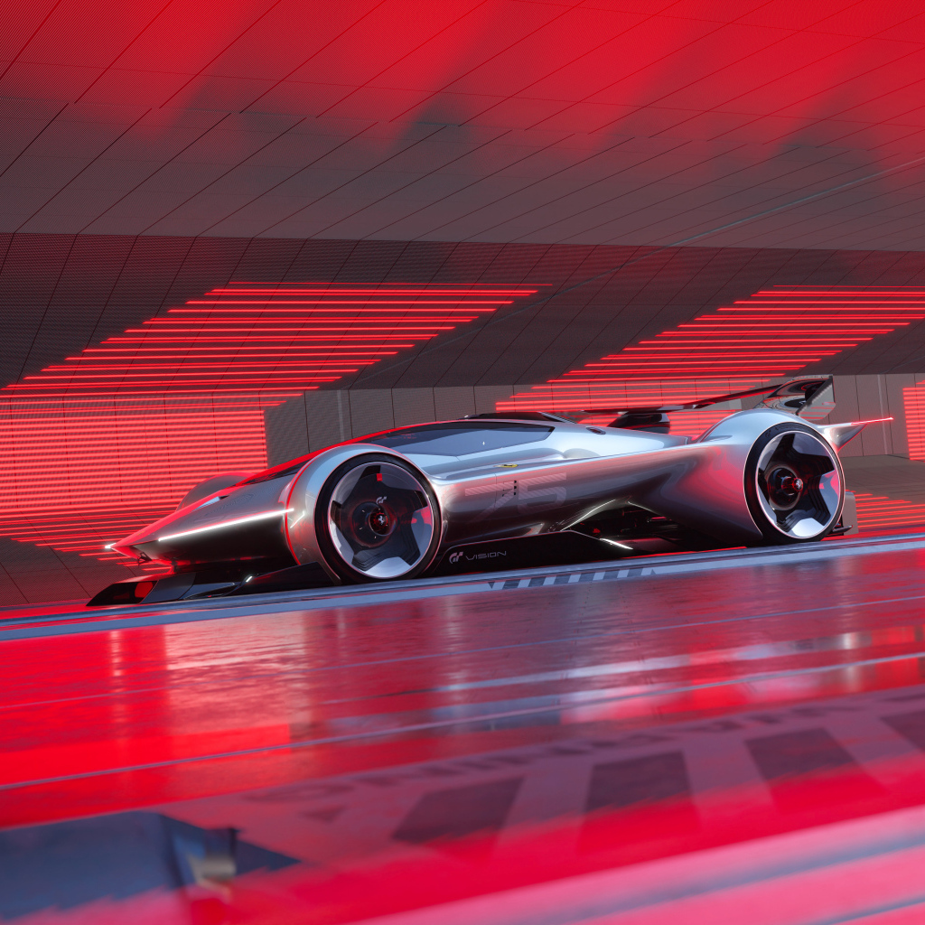 Спортивный автомобиль Ferrari Vision Gran Turismo  на красном фоне