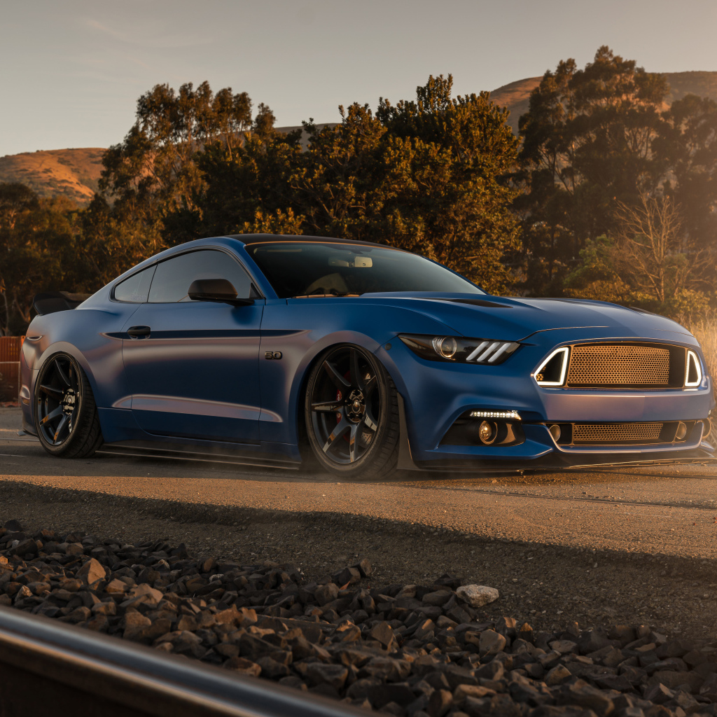 Синий быстрый автомобиль Ford Mustang GT