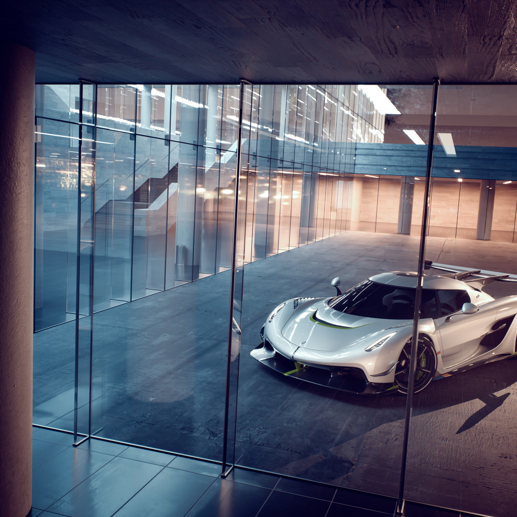 Автомобиль Koenigsegg Jesko у стекла