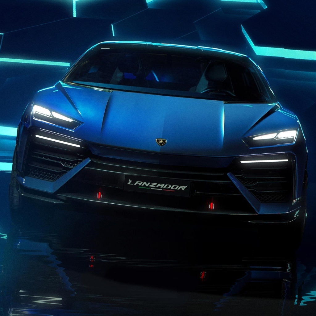 Красивый синий автомобиль Lamborghini Lanzador Concept EV вид спереди