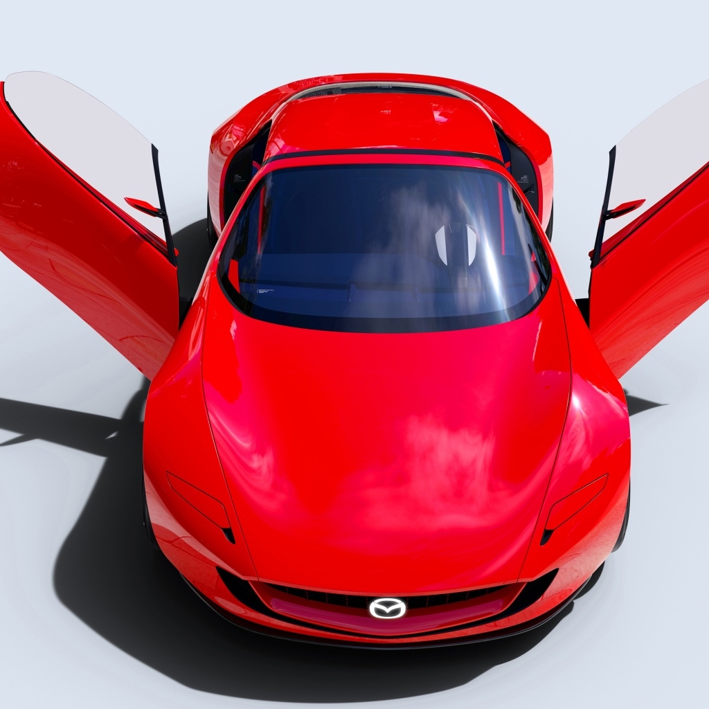 Красный автомобиль Mazda Iconic SP с открытыми дверями