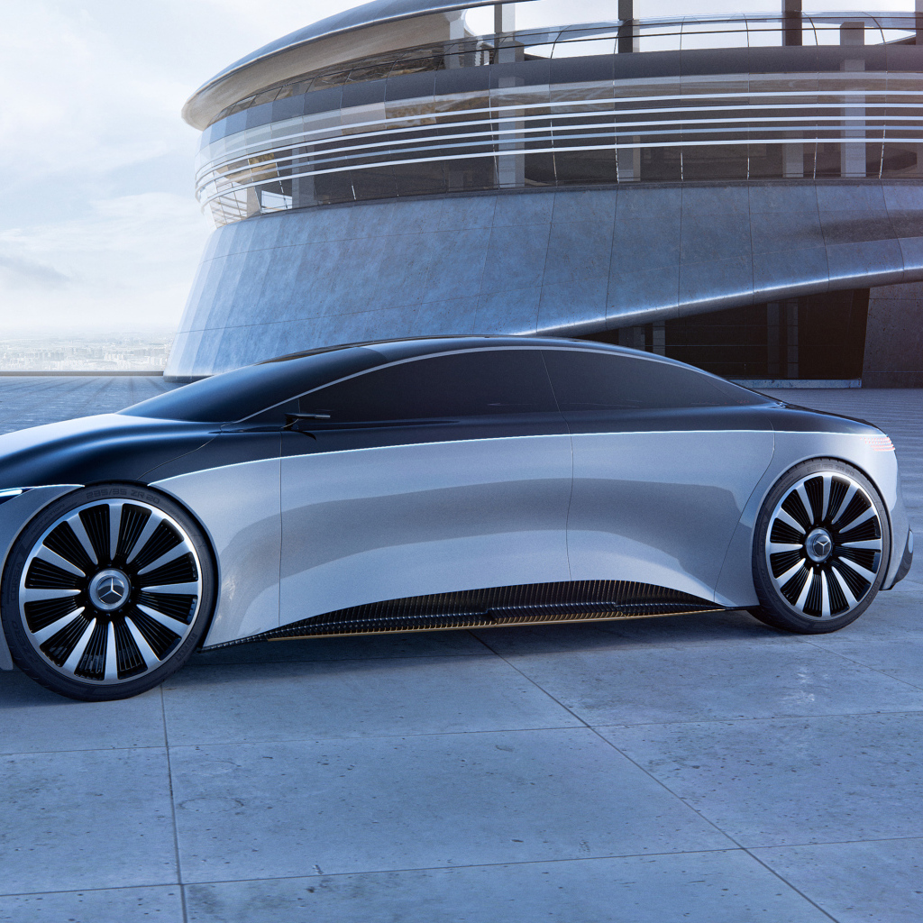 Серебристый автомобиль концепт Mercedes Vision EQS