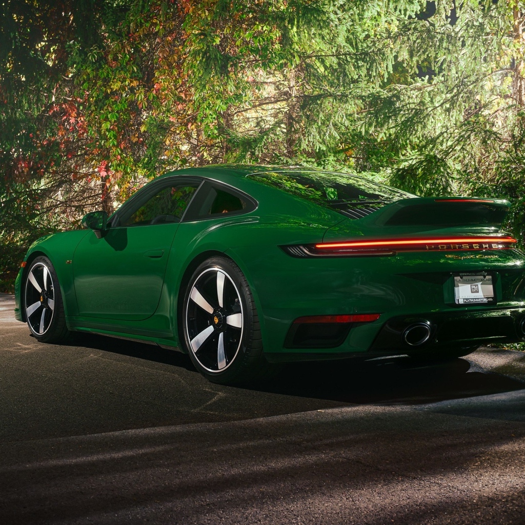 Вид сзади на зеленый автомобиль Porsche 911 Sport Classic 2023 года
