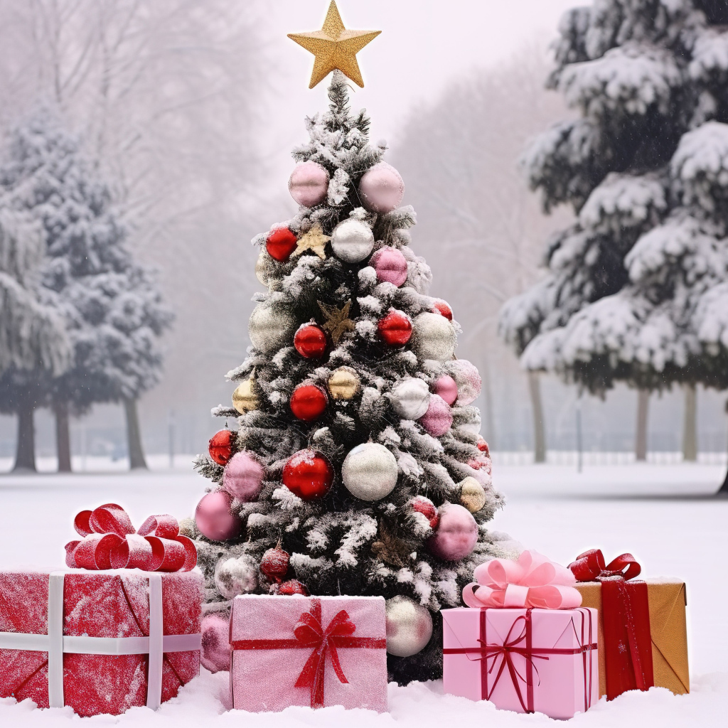 Красивая рождественская ель с подарками на снегу