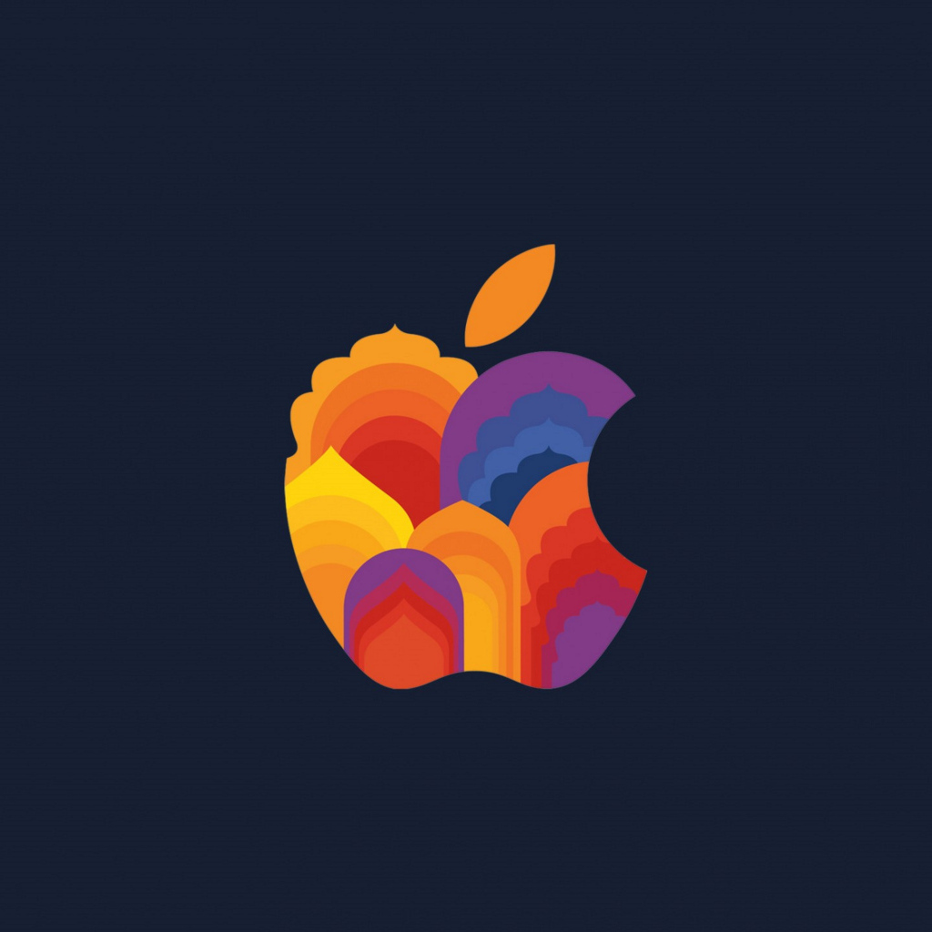 Разноцветный логотип Apple  на сером фоне