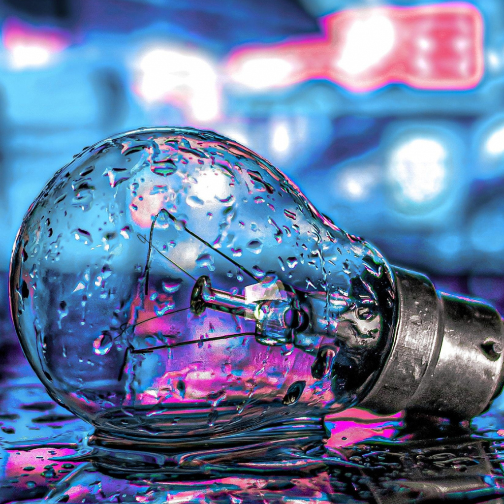 Стеклянная лампочка лежит на мокрой дороге