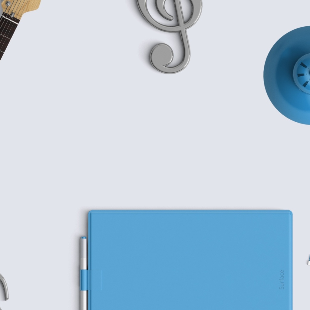 Гитара, планшет и ноты на сером фоне