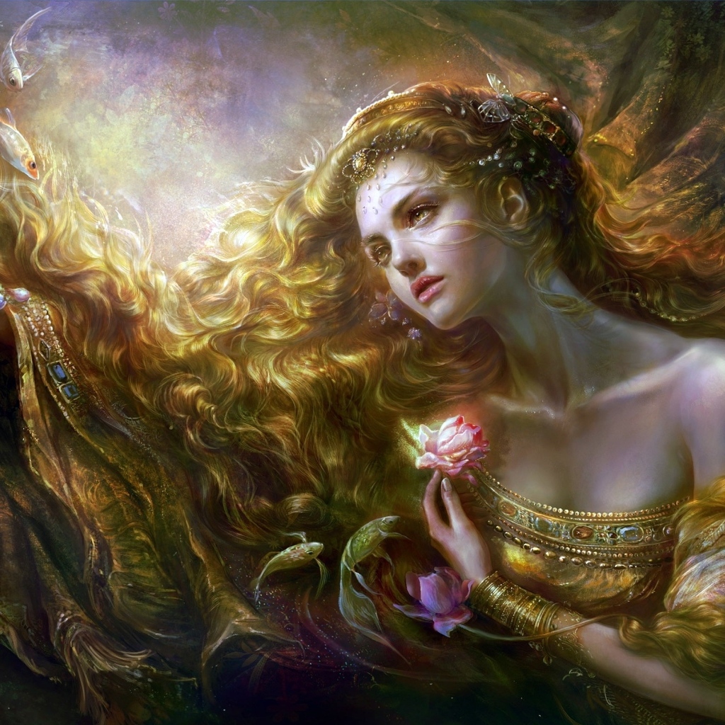 Красивая нарисованная девушка с длинными волосами