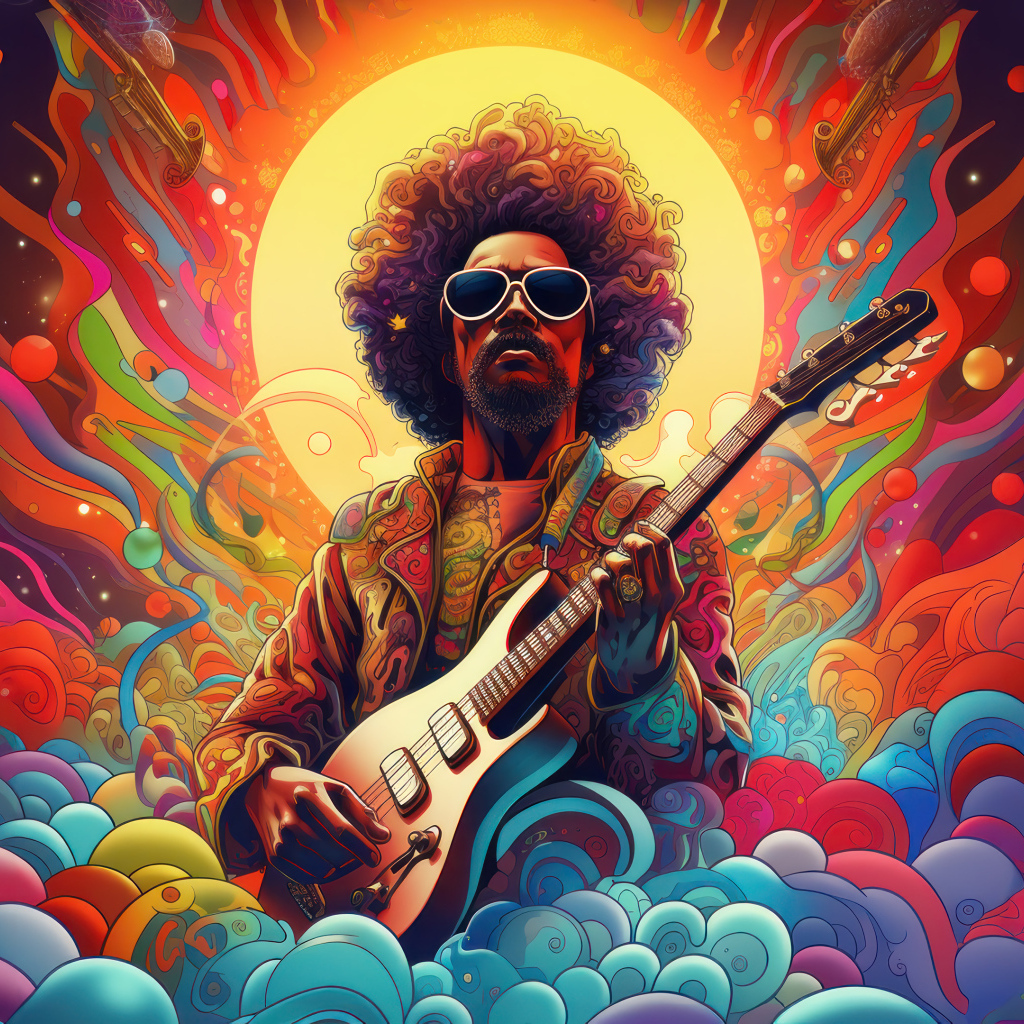 Нарисованный мужчина гитарист на разноцветном фоне