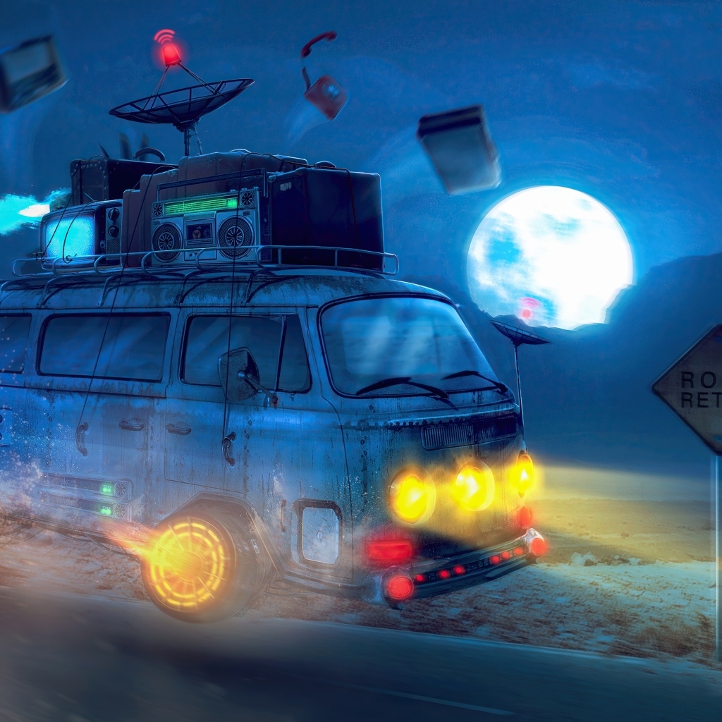 Нарисованный ретро автомобиль на дороге ночью