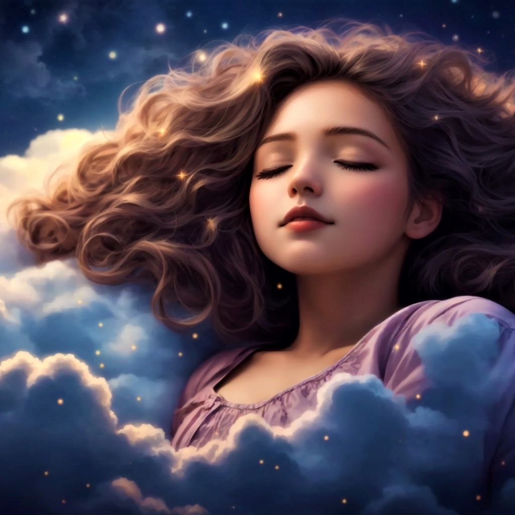 Нарисованная девушка спит в белых облаках