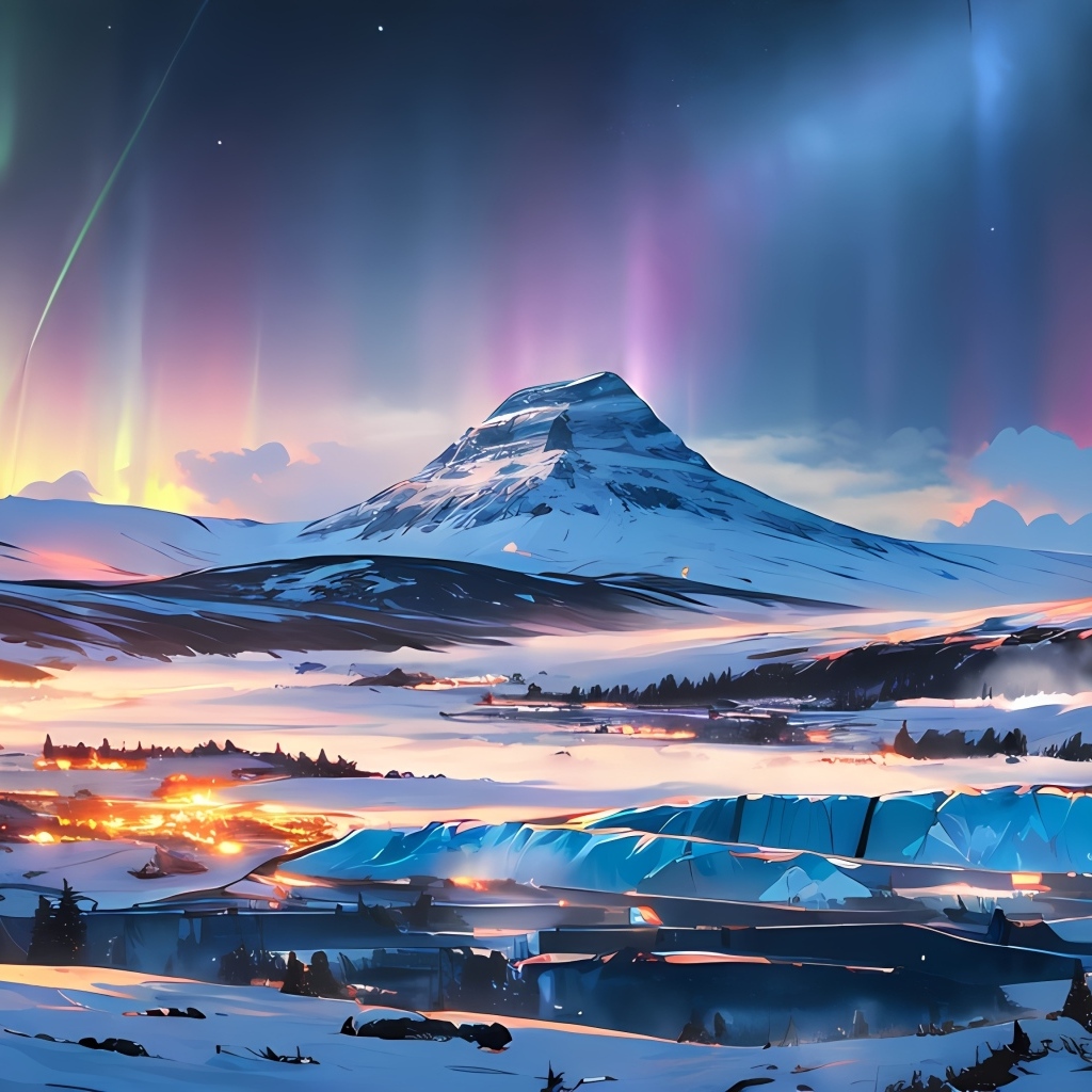 Нарисованная гора с полярным сиянием