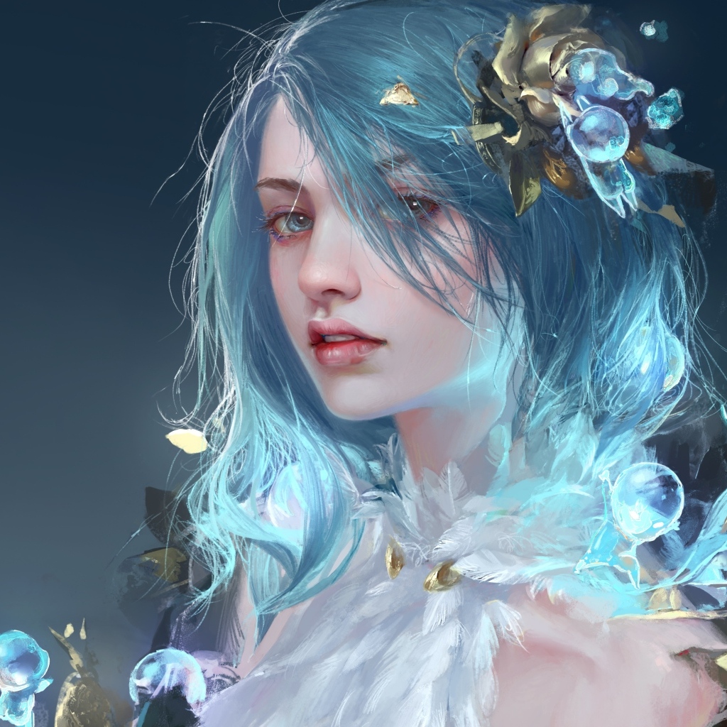 Красивая фантастическая девушка с голубыми волосами