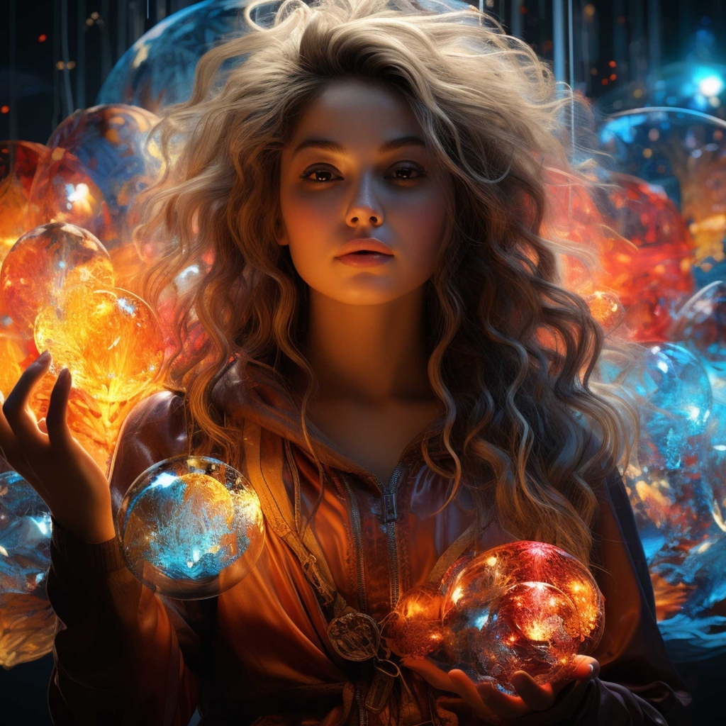 Красивая девушка с фантастическими светящимися шарами