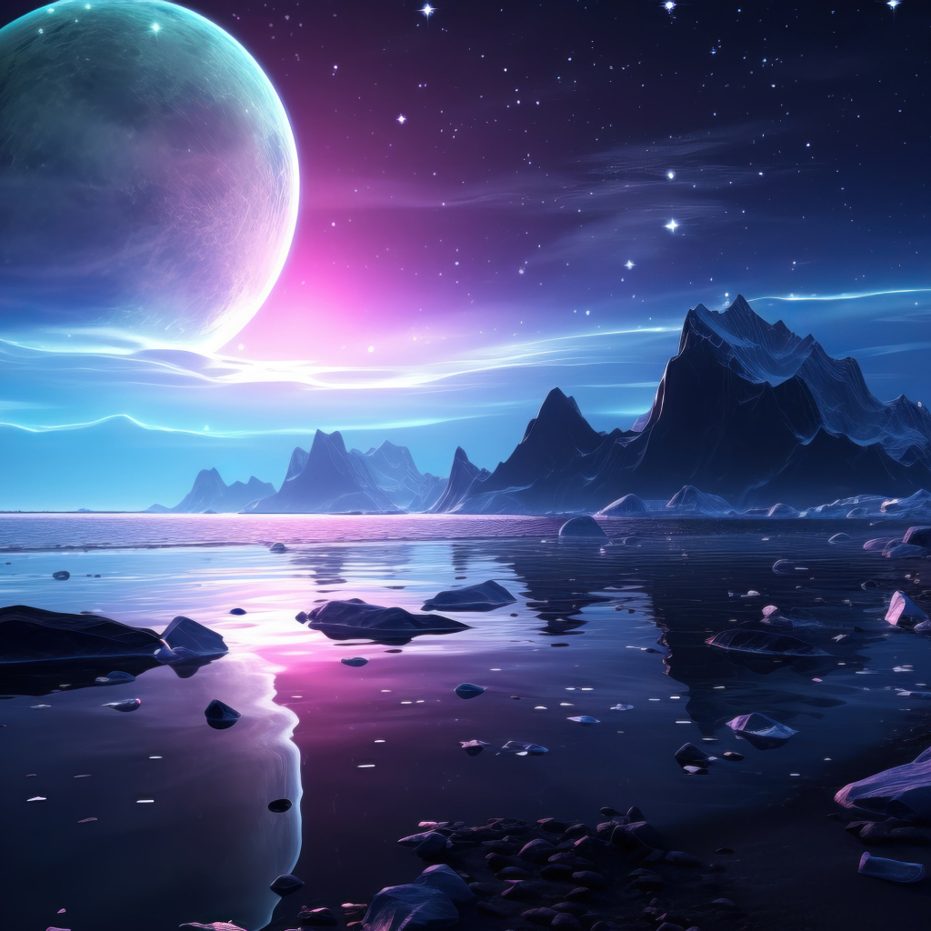 Большая фантастическая луна в небе над озером